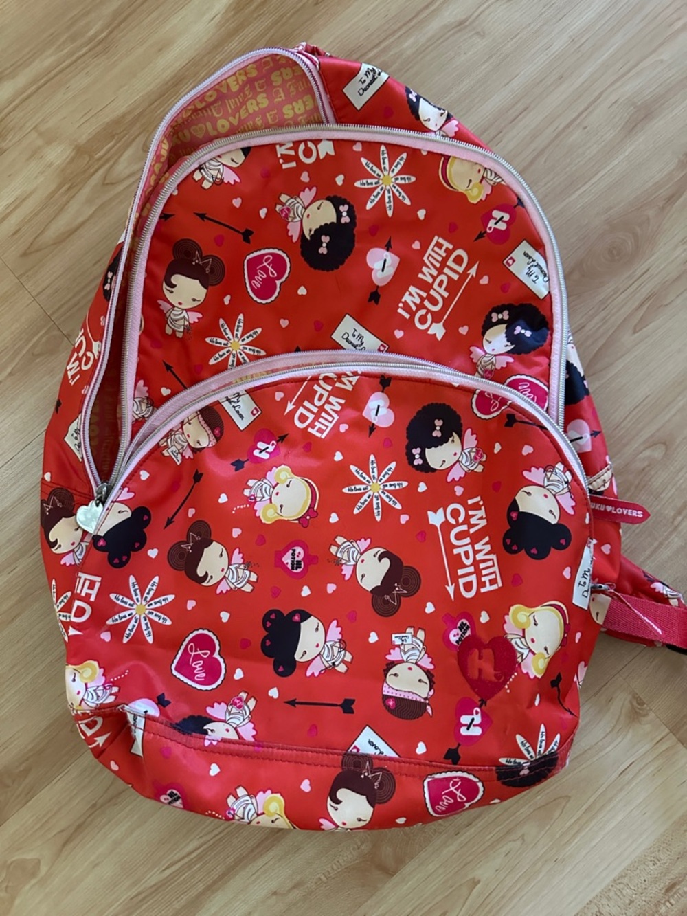 Red Cupid Print Backpack - Cute Heart Pattern